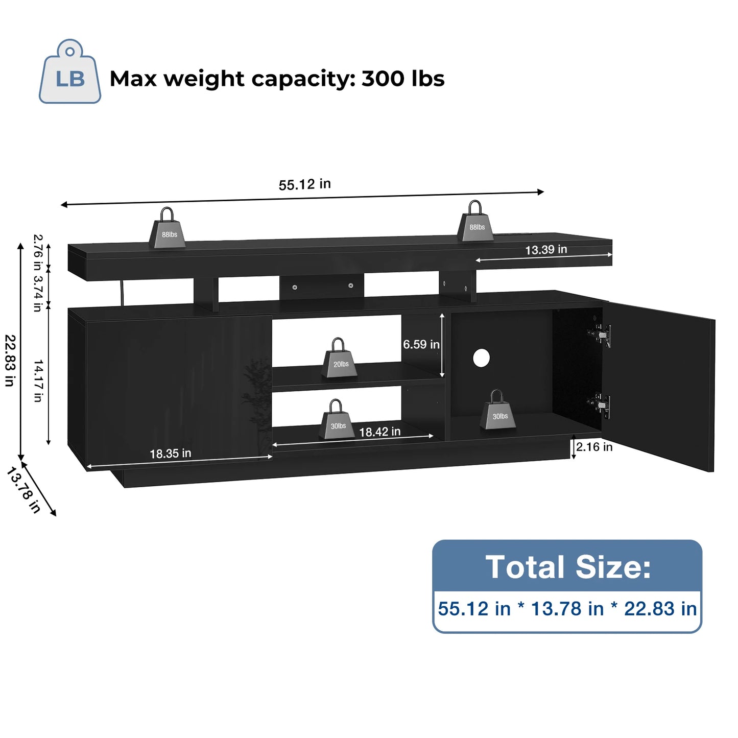Modern LED TV Stand for 65/60/55 inch TV with Power Outlets, Gaming TV Consoles with Storage Entertainment Center with LED Light