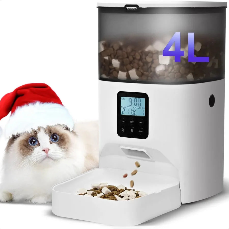 Automatic Cat Feeder 4L Cat Food Dispenser with 10s Voice Recorder Pet Feeder up to 8 Meals per Day Timed Dog Feeder with Dry F