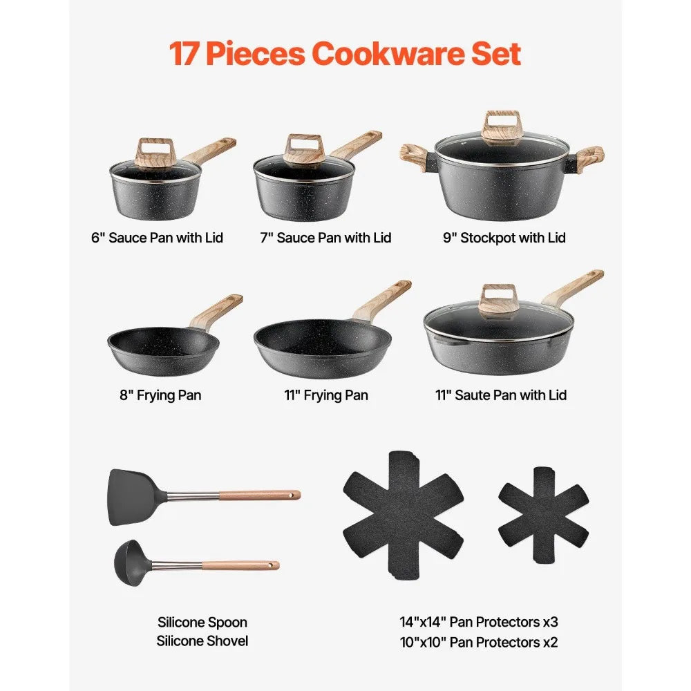 17 Piece Pots and Pans Set Granite Nonstick Kitchen Cookware Induction Black