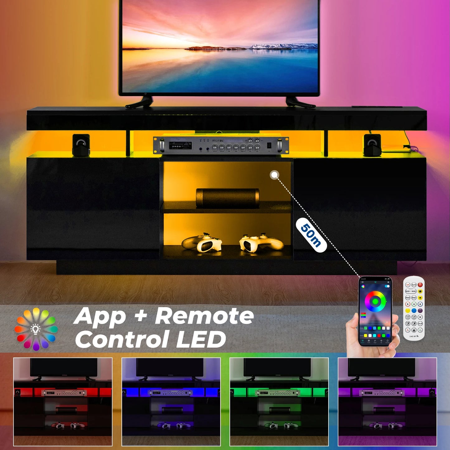 Modern LED TV Stand for 65/60/55 inch TV with Power Outlets, Gaming TV Consoles with Storage Entertainment Center with LED Light