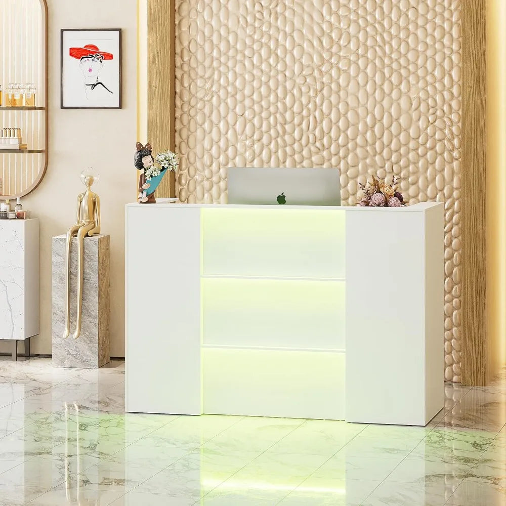 63 Inches Reception Table, Front Desk with RGB LED Lights, Modern Reception Desk with Counter & Lockable Drawer & Open Shelves,