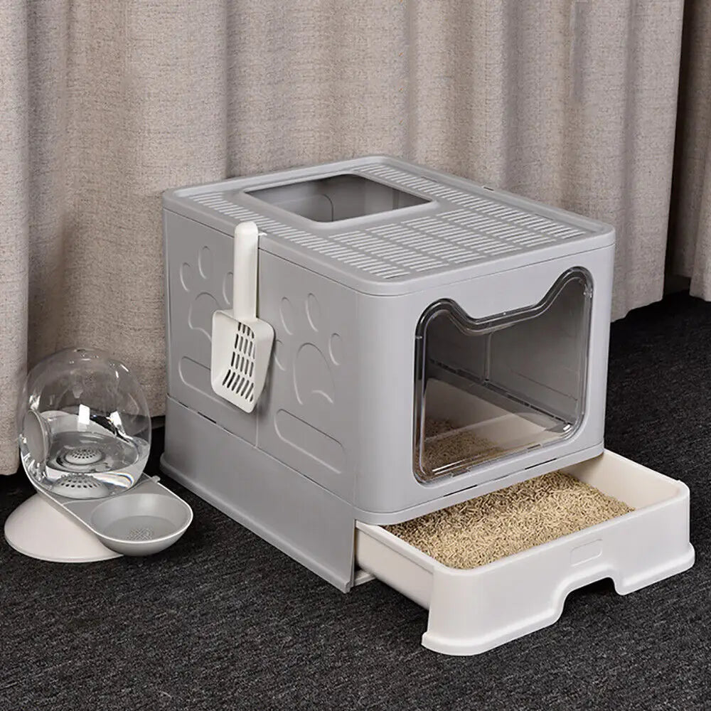 Bingopaw XXL Large Space Foldable Cat Litter Box with Front Entry and Top Exit with Tray