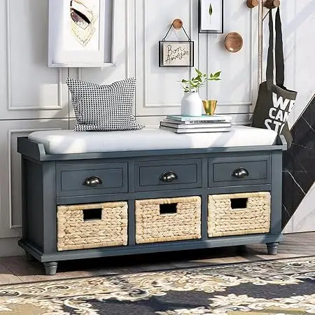 Rustic Storage Bench with 3 Drawers and 3 Rattan Baskets Rectangular Storage Ottoman Cabinet Foot Rest Stool Upholstered Solid