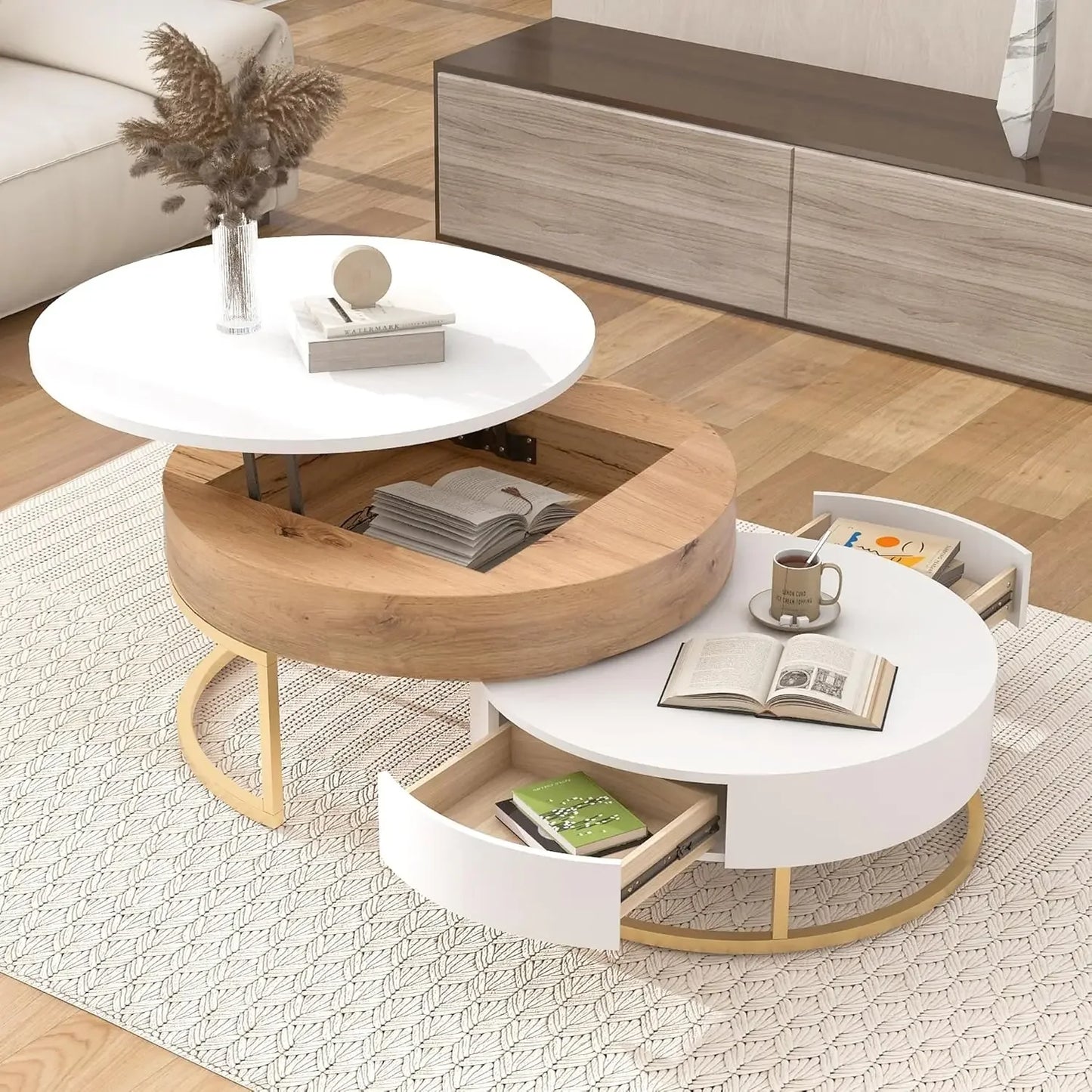 Modern Round Nesting Coffee Table with Drawers for Living Room