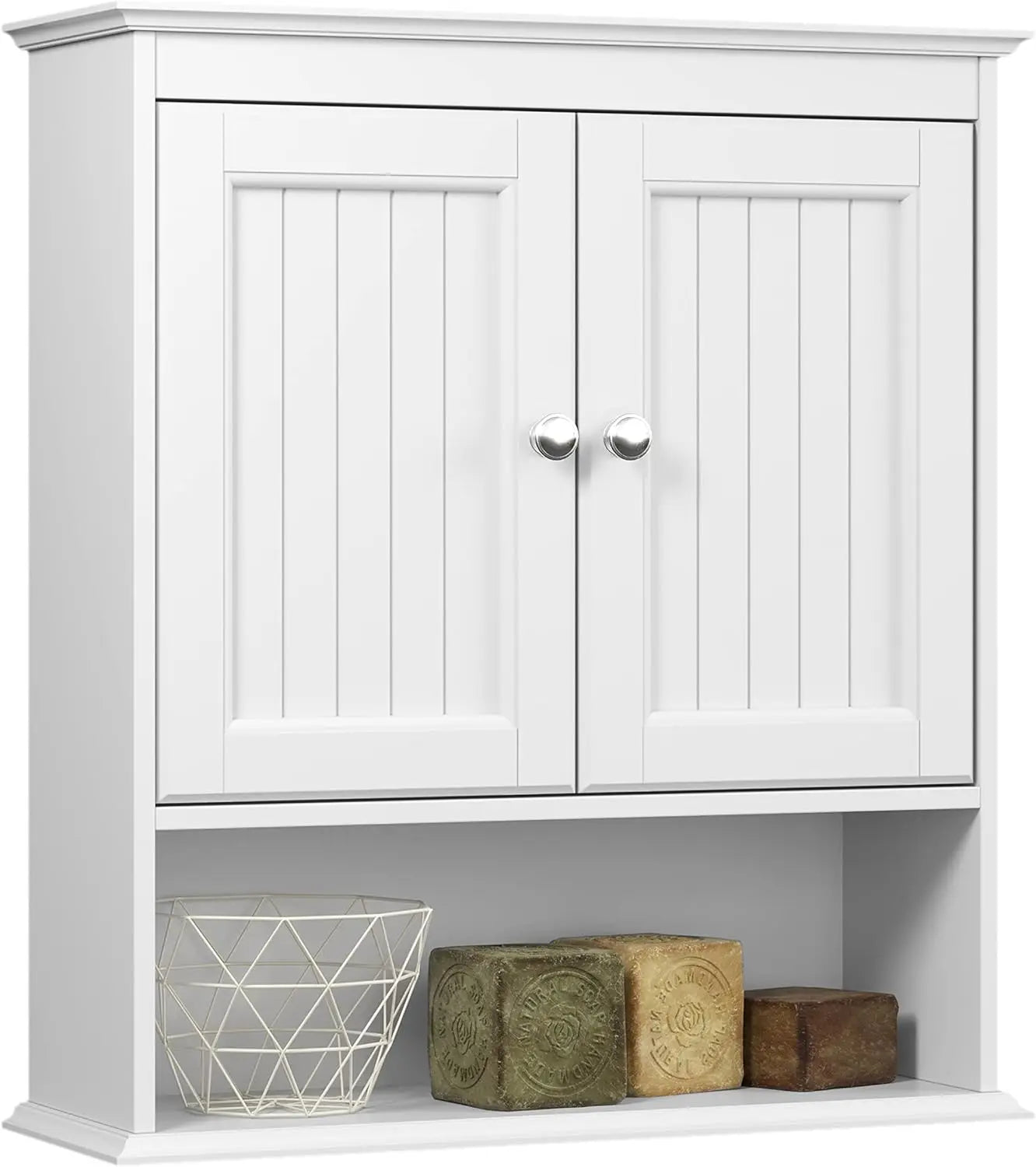 Bathroom Cabinet Wall Mounted with Doors, White Wood Shelves
