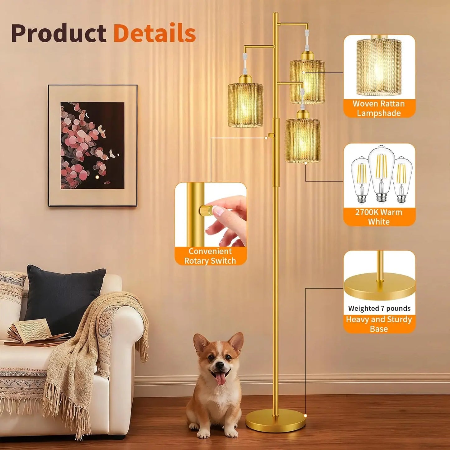 72' Boho Floor Lamp, Dimmable Rattan Shade, Gold Industrial Standing Lamp for Living Room, Bedroom, Office – 3x800LM LED Include
