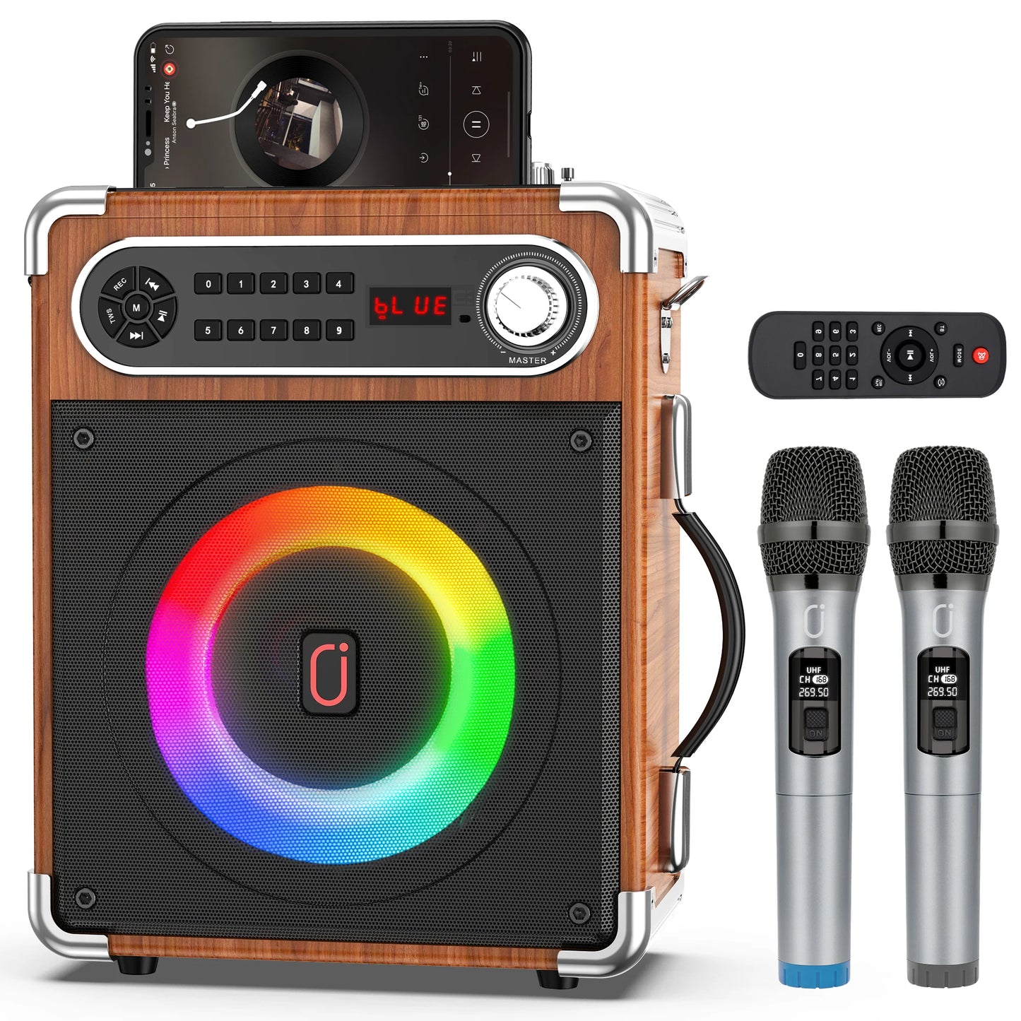Karaoke Machine with 2 Wireless Microphones,Portable Bluetooth Speaker with Bass/Treble Adjustment,PA System with Remote Control