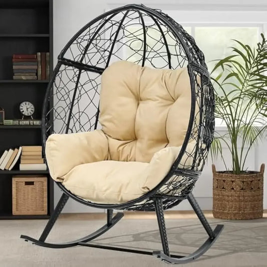 Wicker Rocking Egg Chair, Rattan Rocking Chairs, Indoor/Outdoor Lounger for Patio, Backyard, Living Room, Garden Egg Chair