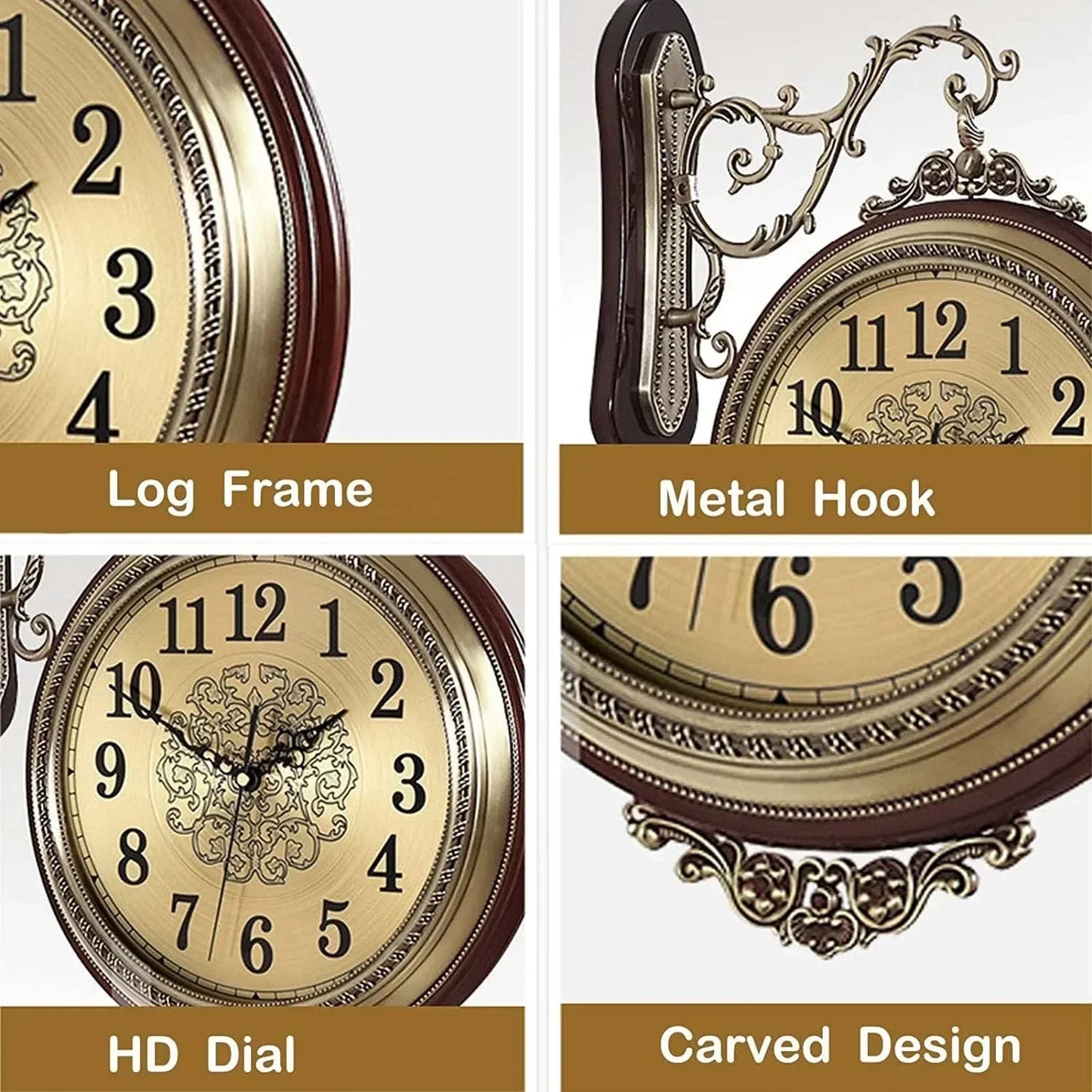 Large Wall Clock Double Sided, European Style Alloy Wall Clock Non Ticking Silent Clock for Indoor Outdoor Office Living Room