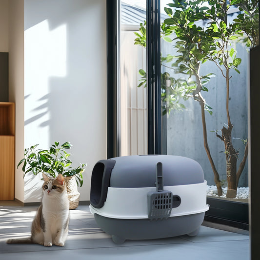 Oval Oblong Hooded Cat Litter Box Tray Front Entry Enclosed Toilet with Litter Scoop for Kittens Cat