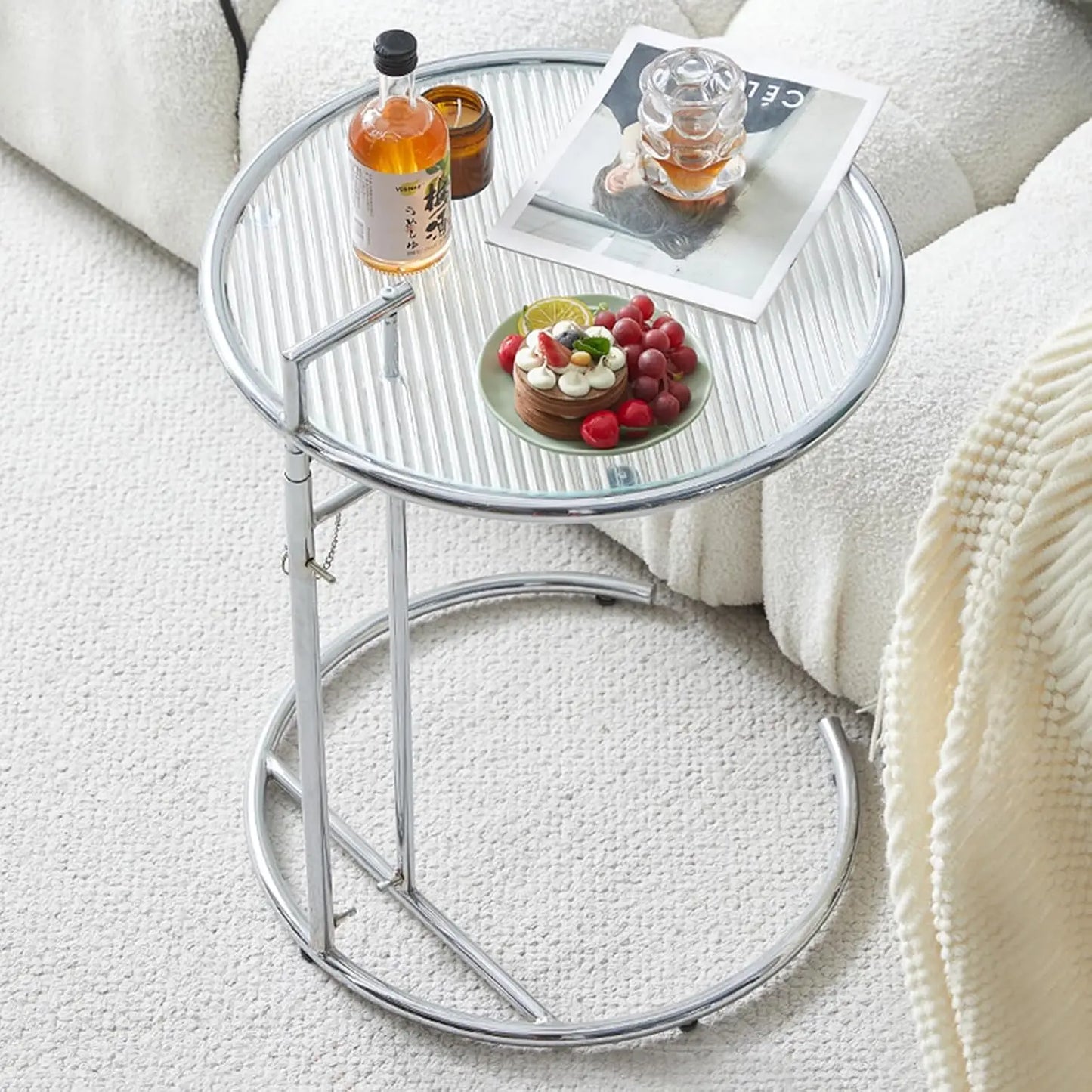 Glass End Table, Round Side Table with Handle, Height Adjustable C Shaped Sofa Table with Tempered Glass Top, Small Coffee Table