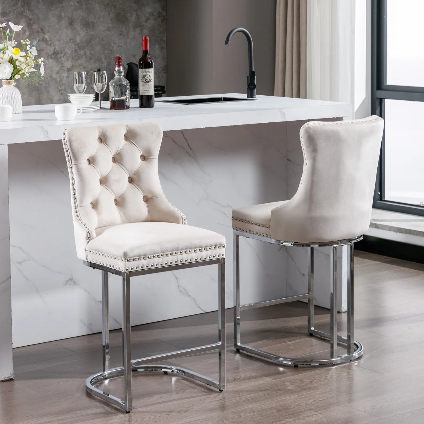 2Pcs 26" Counter Height Dining Chairs Upholstered Soft Backrest Cushions Chairs Bar Stools For Living Room Kitchen Dining Room