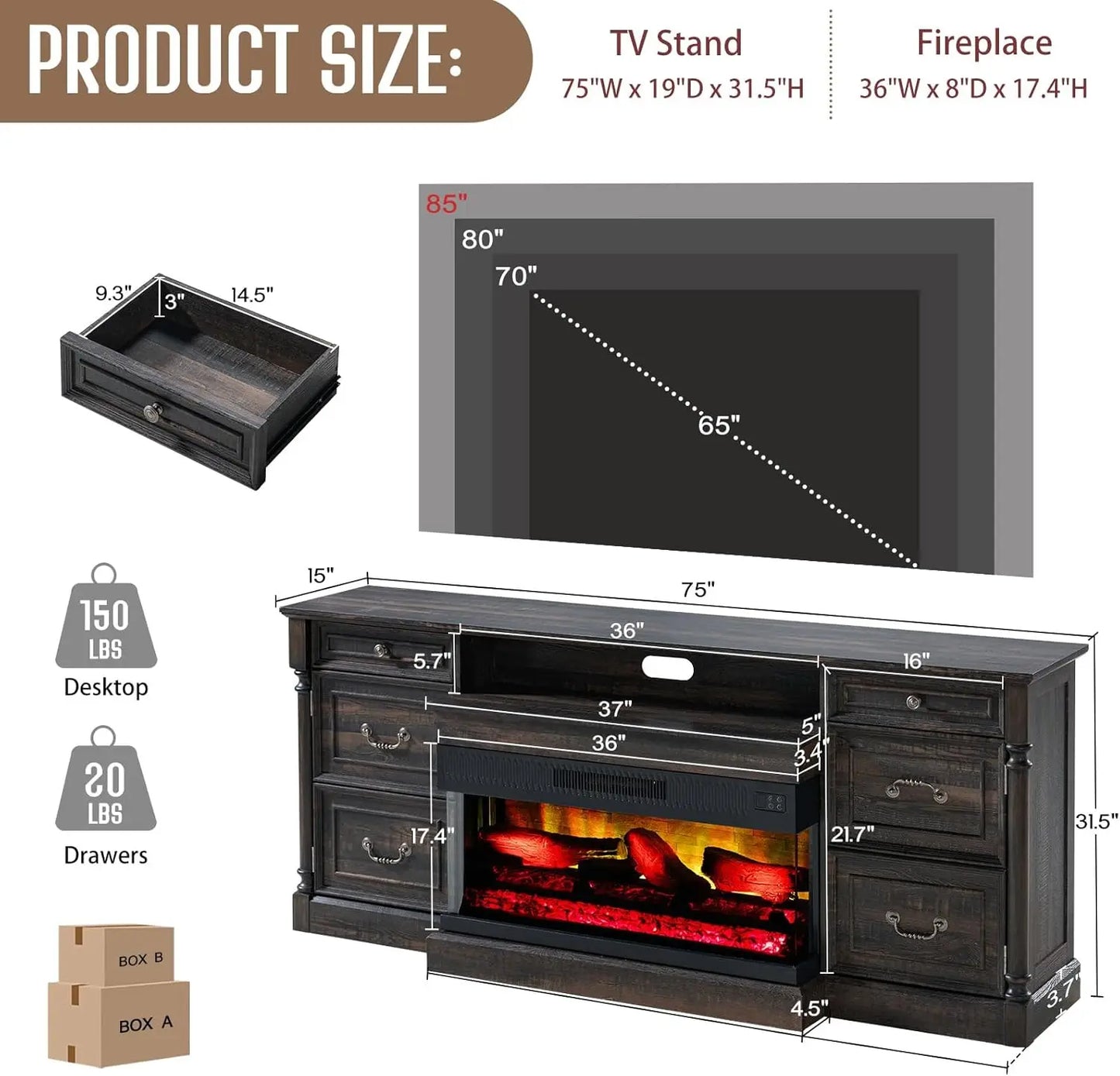 36 inch 3-Sided Glass Fireplace, 75 inch Large TV Console, Wood Entertainment Center for TVs up to 85 inch