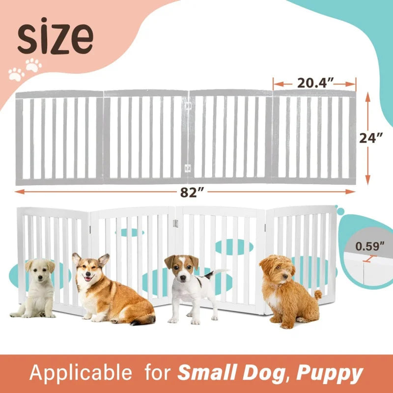 24-Inch White Wooden Pet Dog Gate - 4-Panel Foldable Freestanding Z-Shape Step-Over Fence for Entryway, Stairs & Doorway
