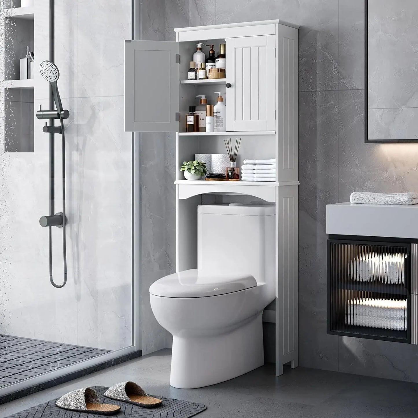 Over The Toilet Storage Cabinet with Open Shelf and Double Doors
