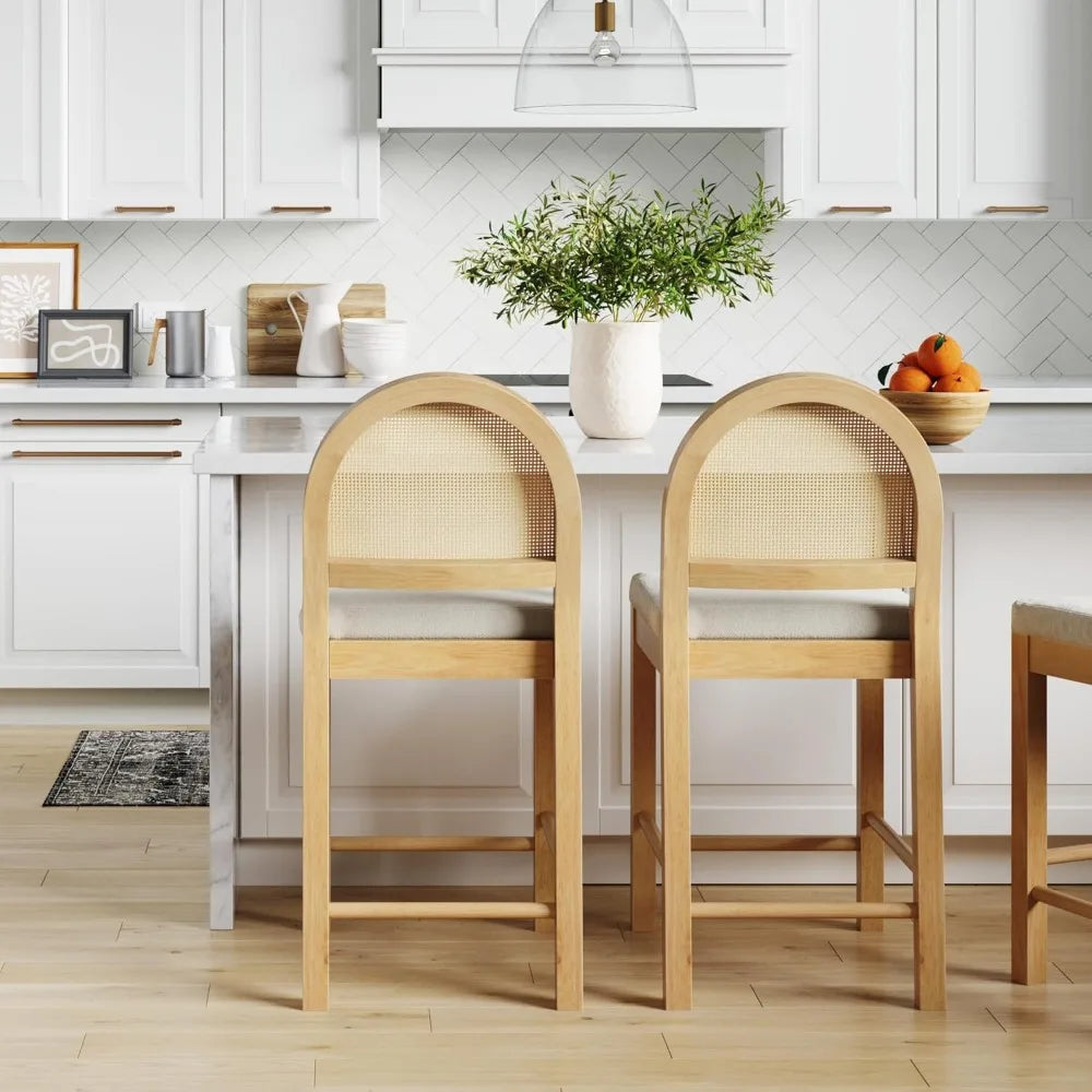 Bar Stool ,Upholstered Rattan in Oak Finish Frame,Counter Height Stools w/ Natural Rattan Woven Back For Kitchen Island