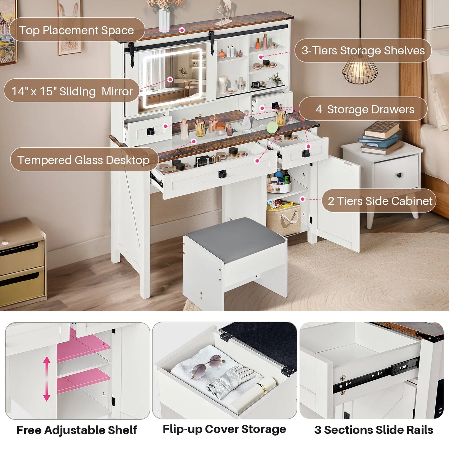 Redlife Farmhouse Vanity Desk Makeup Table Set w/ Sliding Mirror Lights Glass Tabletop w/ Stool Charging Station Jewelry Cabinet