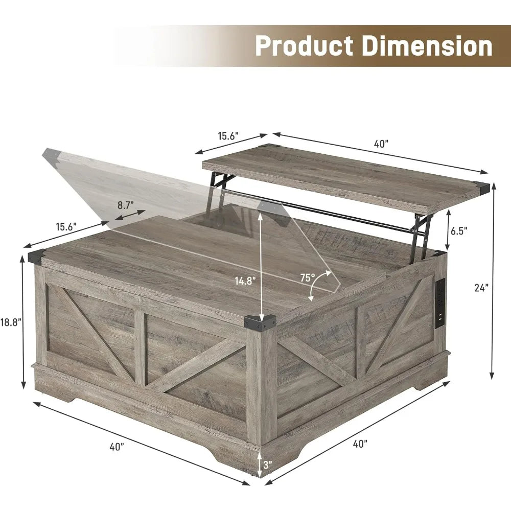 40” Large Farmhouse Lift Top Coffee Table with Power Outlets and Large Hidden Storage, Square Wood Living Room Tables, Multi-Fun