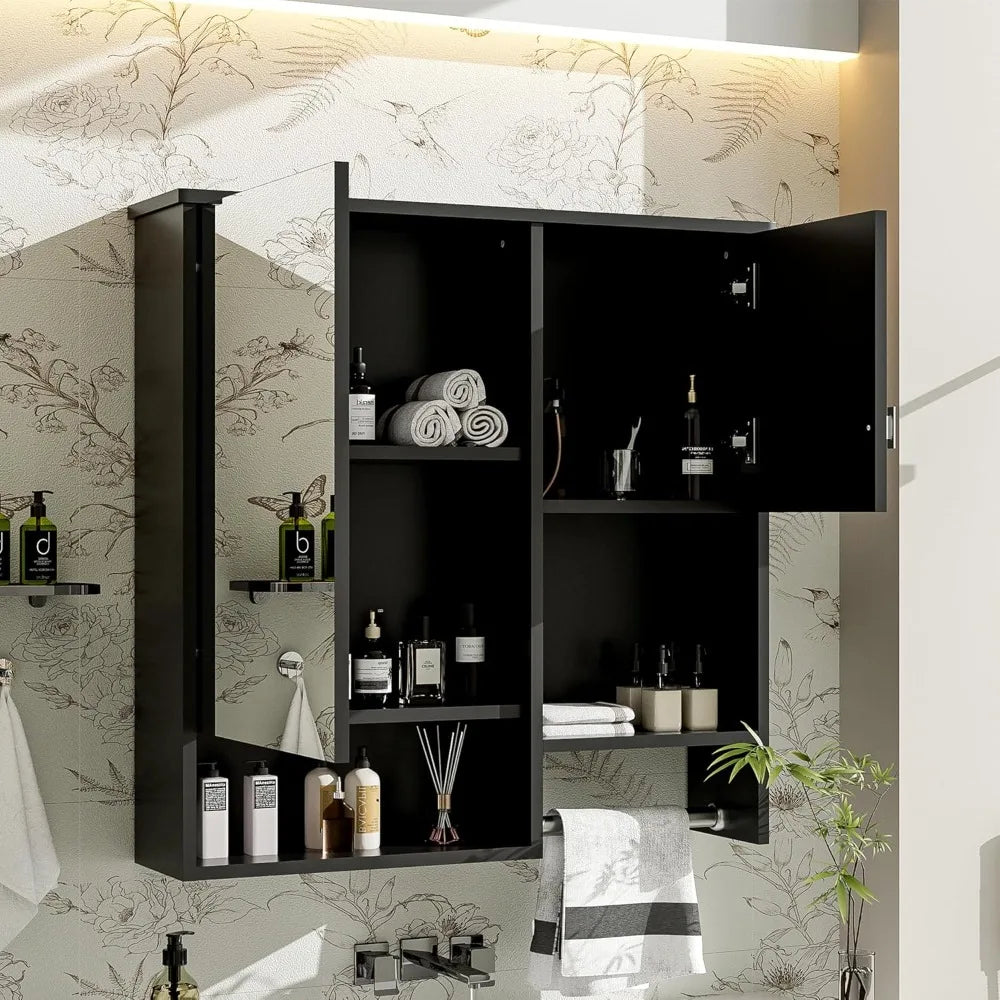 Wall Mount Bathroom Cabinet with Mirror, Open Shelf, and Towel Bar, 29.5 W x 28.7 H Over The Toilet Mirrored Bathroom Wall