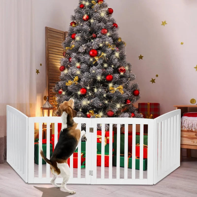 24-Inch White Wooden Pet Dog Gate - 4-Panel Foldable Freestanding Z-Shape Step-Over Fence for Entryway, Stairs & Doorway