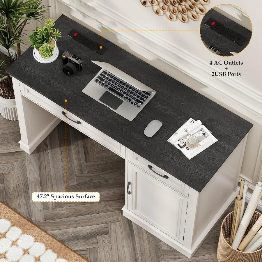 Farmhouse 47 Executive Desk with Drawers and Storage Cabinet for Home Office and Study Workstation Includes Built-in Charging S