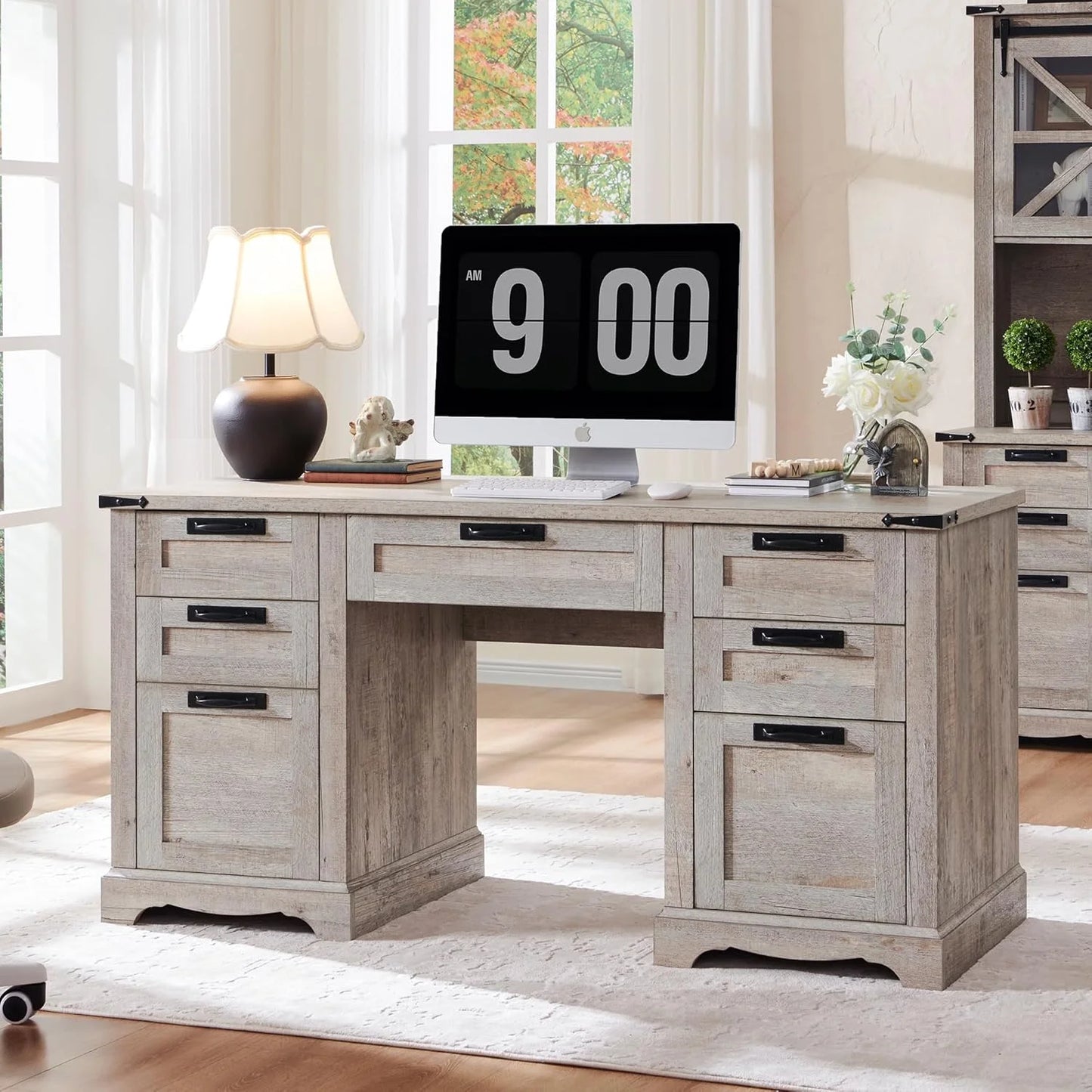 Farmhouse Executive Desk with Drawers, Wood Home Office Desk w/Charging Station, Keyboard Tray, File Drawer, Storage Cabinet