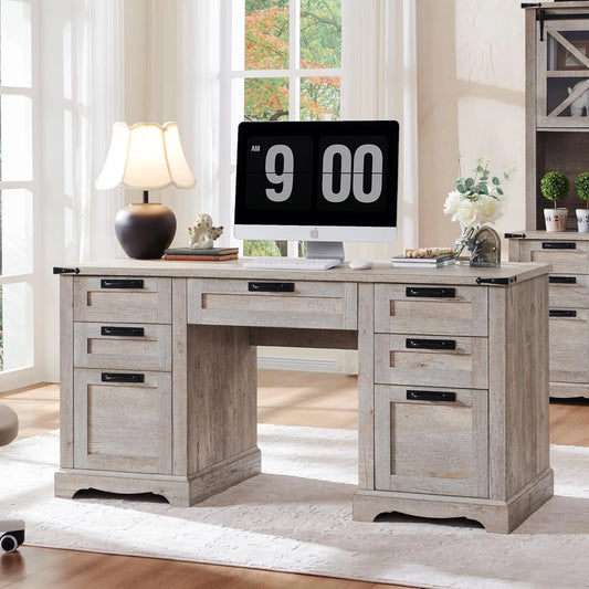 Farmhouse Executive Desk with Drawers, Wood Home Office Desk w/Charging Station, Keyboard Tray, File Drawer, Storage Cabinet