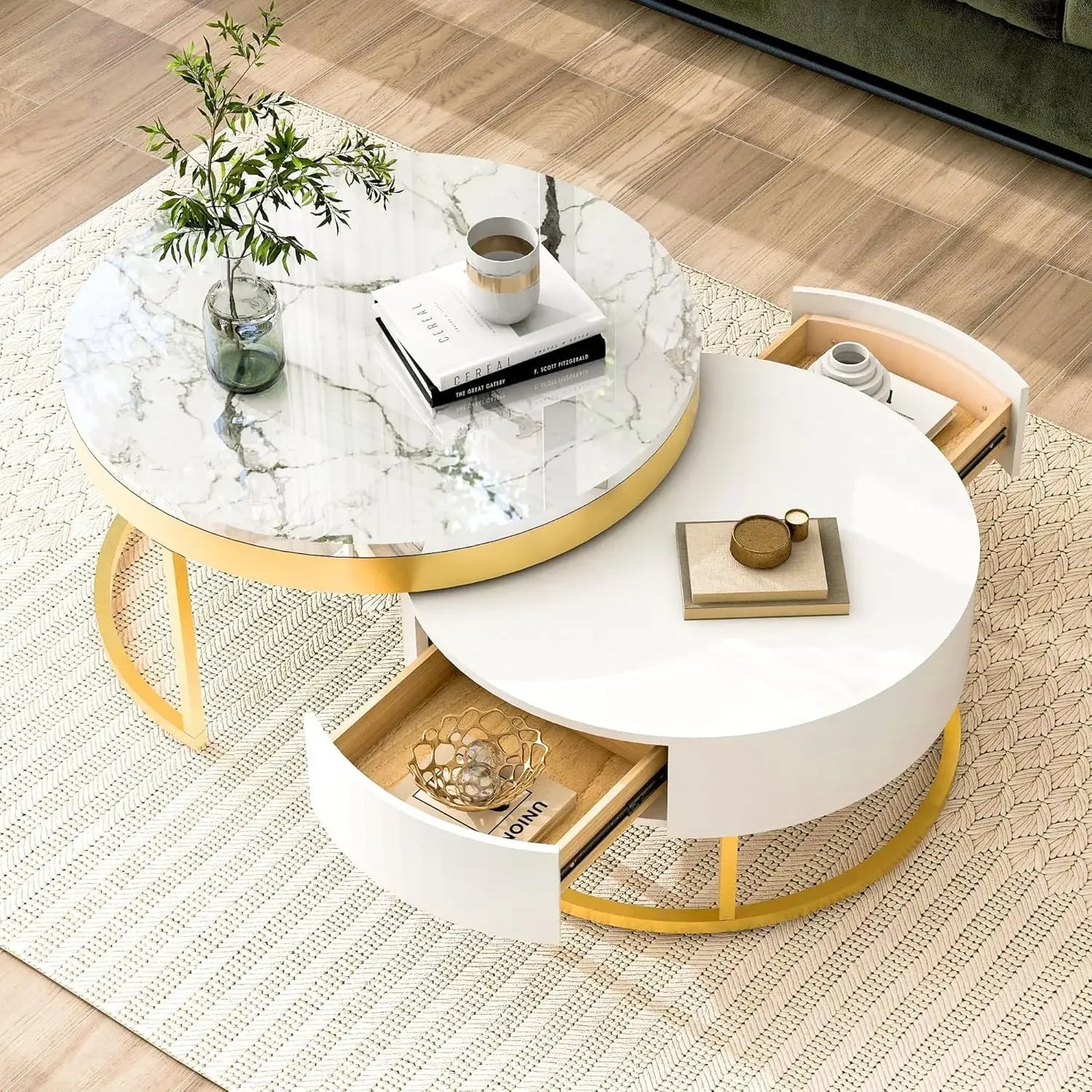 Modern Round Nesting Coffee Table with Drawers for Living Room