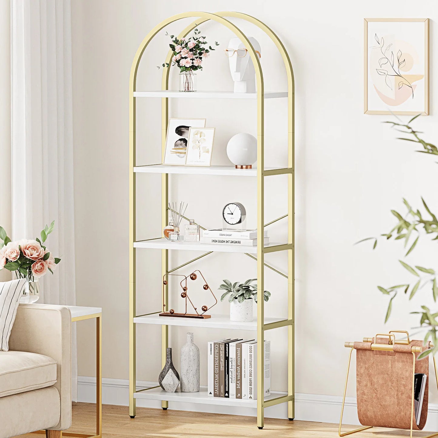 5-Tier Arched Bookshelf, 180cm Tall Industrial Open Bookcase, Freestanding Display Rack Metal Wooden Storage Shelving Units