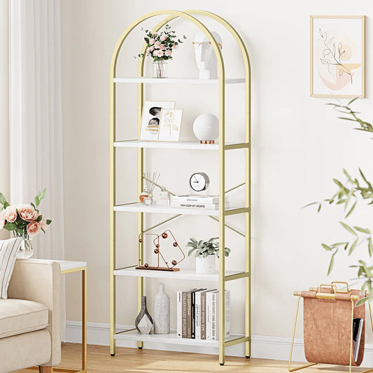 5-Tier Arched Bookshelf, 180cm Tall Industrial Open Bookcase, Freestanding Display Rack Metal Wooden Storage Shelving Units