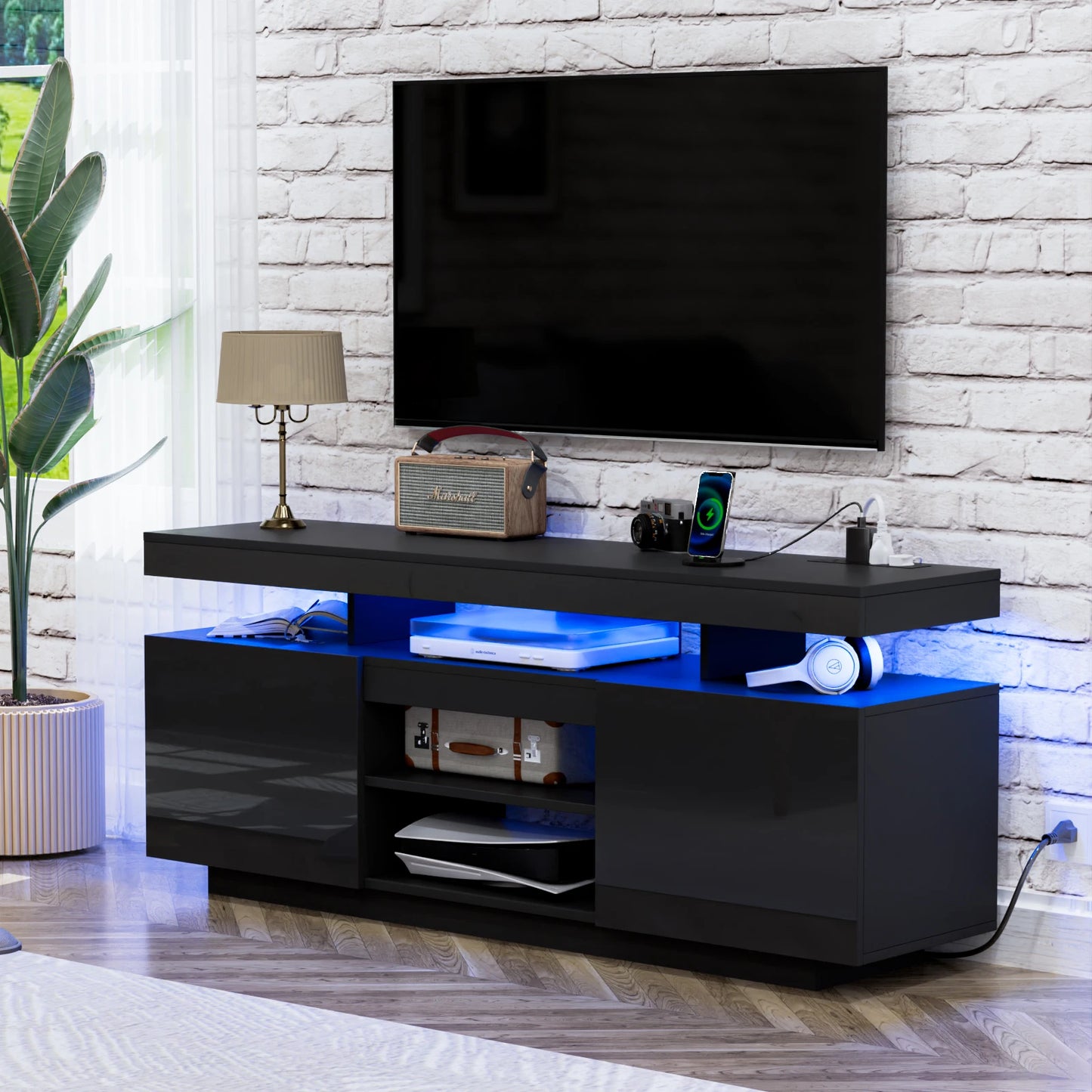 Modern LED TV Stand for 65/60/55 inch TV with Power Outlets, Gaming TV Consoles with Storage Entertainment Center with LED Light