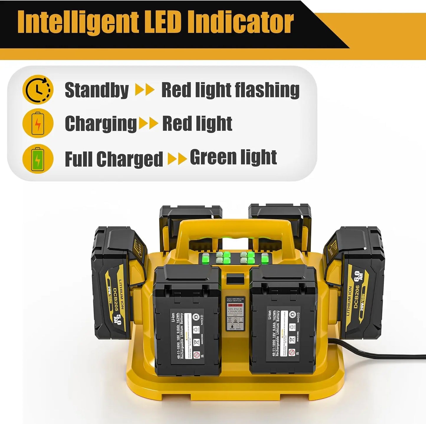 6-Ports for Dewalt Battery Charger, 20V/60V Battery Charger,Compatible with DCB200,DCB203,DCB204,Rapid Battery Charger Station