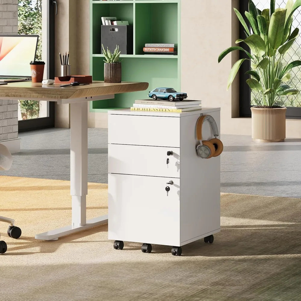 3 Drawer Rolling File Cabinet with Lock, Wood Under Desk Filing Cabinet fits Letter/Legal/A4 Size for Home Office, White