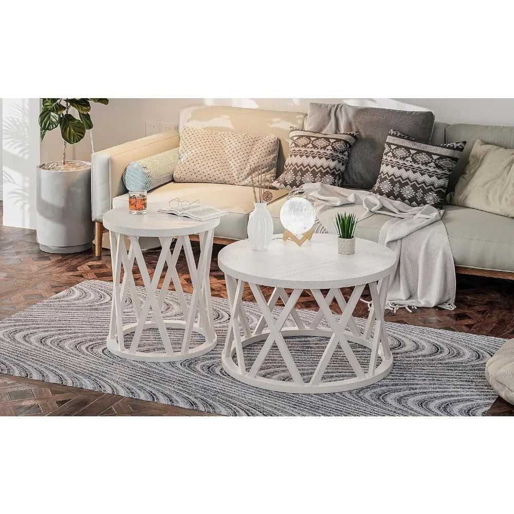 Farmhouse Coffee Table, Rustic Round Coffee Table with X-Motifs Legs, Wood Textured Top, for Boho, French Country Decor, Antique