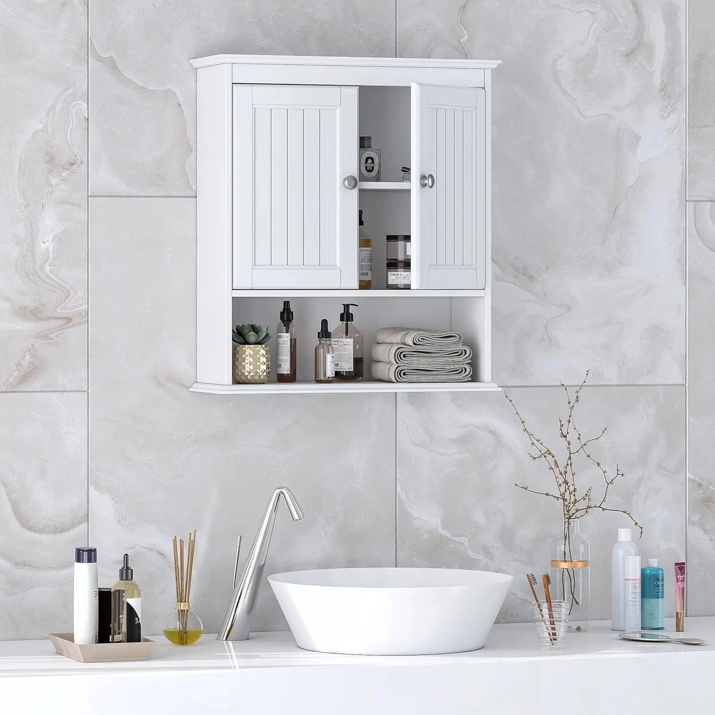 Bathroom Cabinet Wall Mounted with Doors, White Wood Shelves