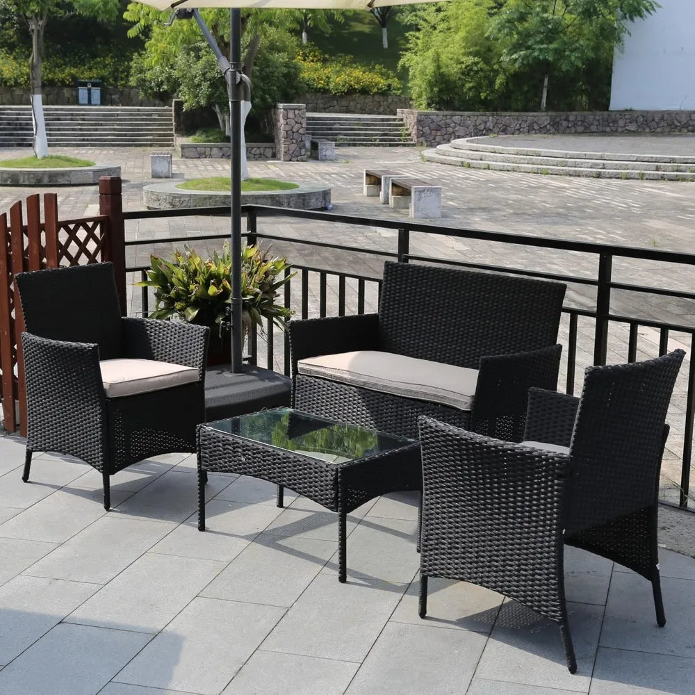 4-Piece Outdoor Patio Furniture Set: Rattan Wicker Sofa with Cushions and Glass Table for Garden Conversation Area
