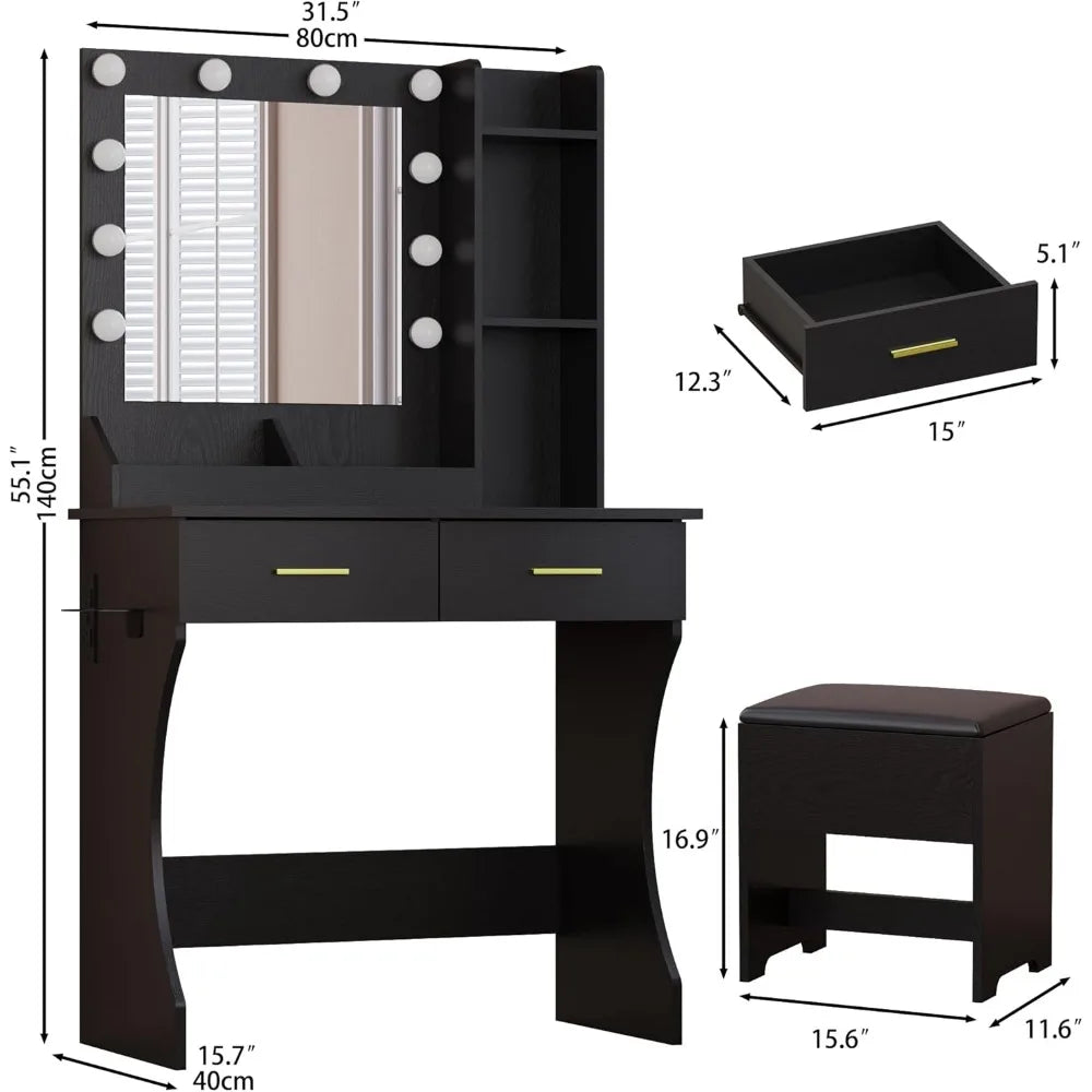 Vanity Mirror with Lights Desk and Chair,Makeup Table with Charging Station,Small Dressing Table with 2 Large Drawers,RGB Ambien