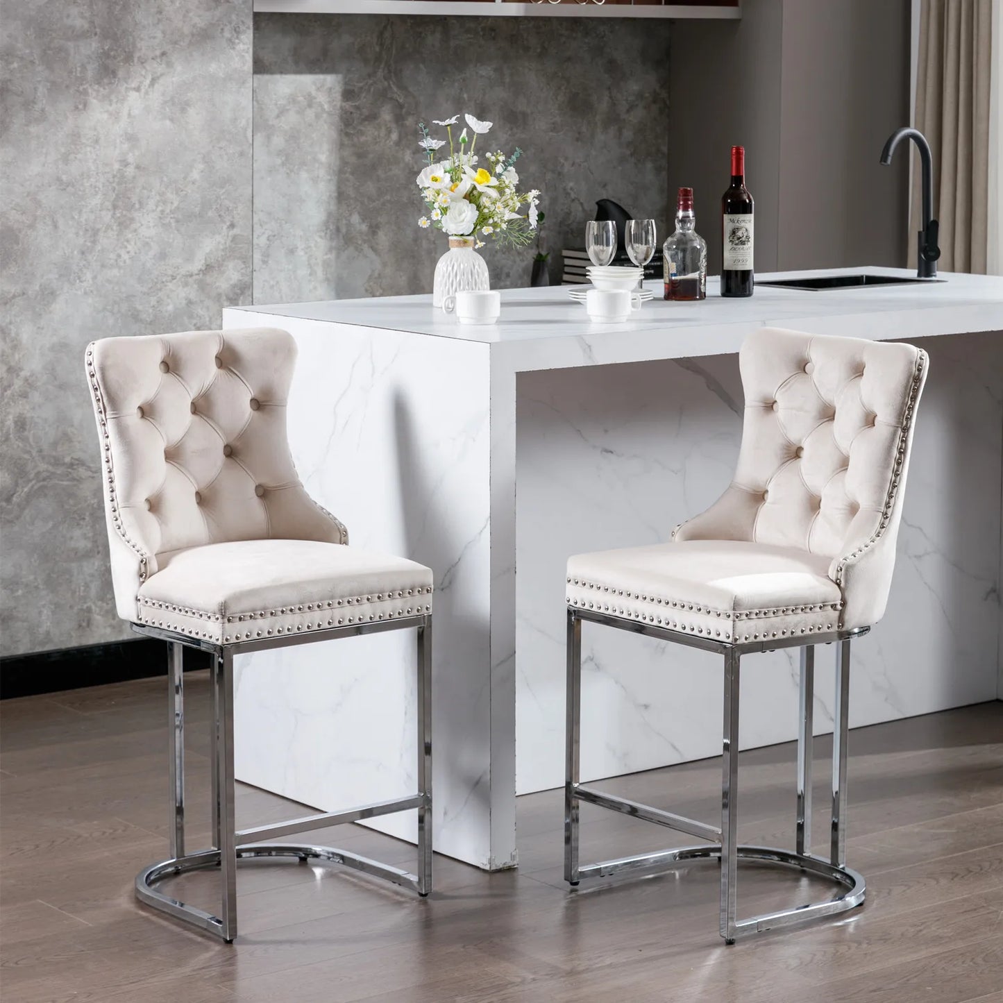 2Pcs 26" Counter Height Dining Chairs Upholstered Soft Backrest Cushions Chairs Bar Stools For Living Room Kitchen Dining Room