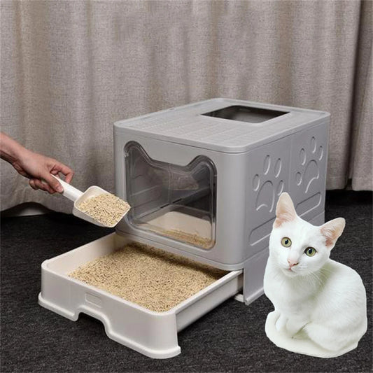 Bingopaw XXL Large Space Foldable Cat Litter Box with Front Entry and Top Exit with Tray