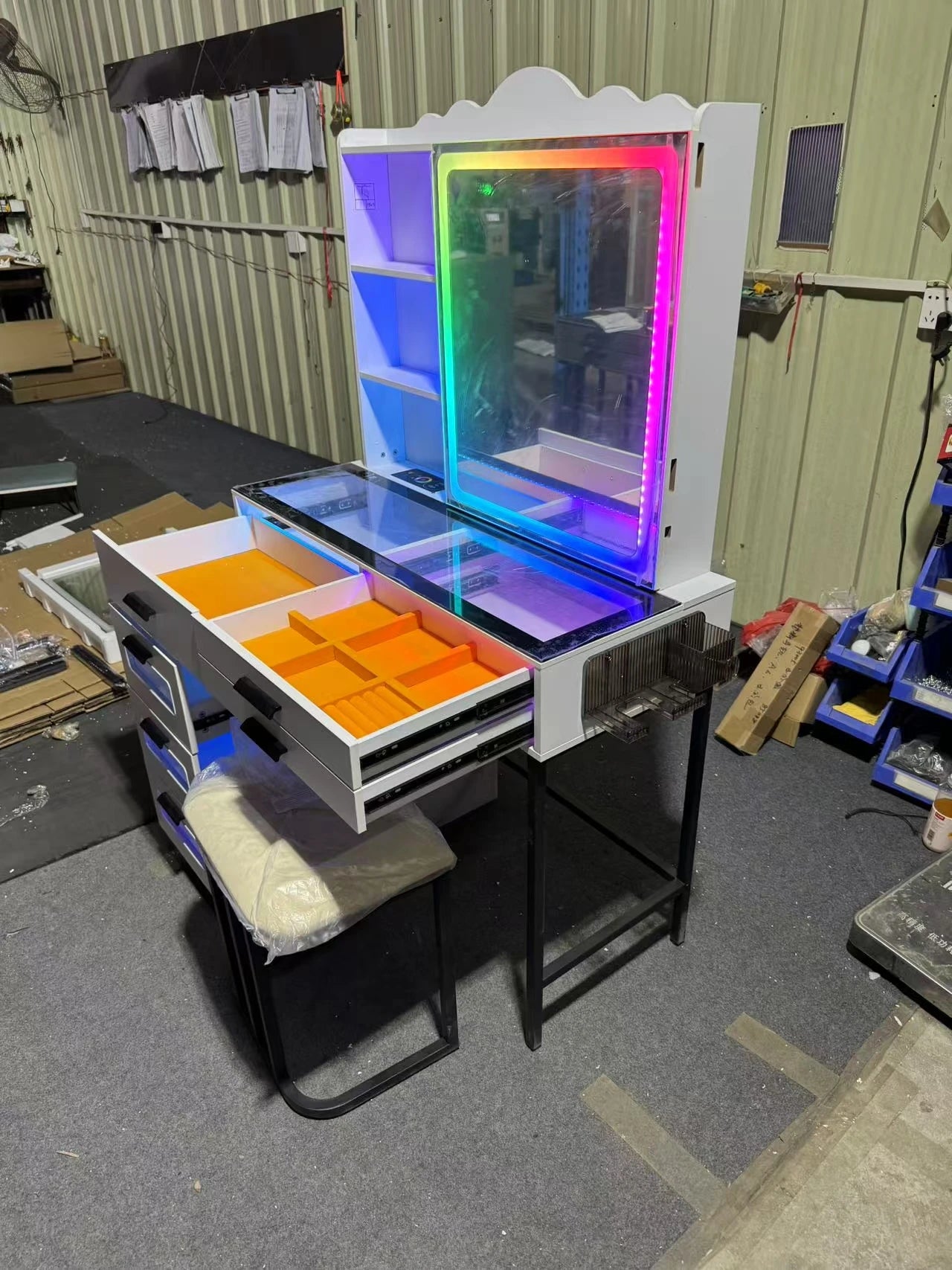 JDPAG RGB Vanity Desk with Sliding Mirror and Lights, LED Makeup Vanity with Charging Station, Glass Top Vanitys Dressing Table
