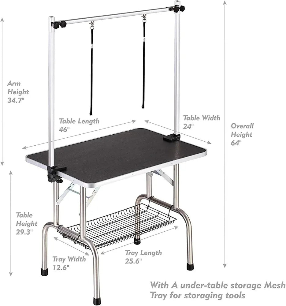 46" Dog Grooming Table Foldable Pet Grooming Tables with Adjustable Arm Noose Storage Mesh Tray Maximum Capacity Up to 330lbs