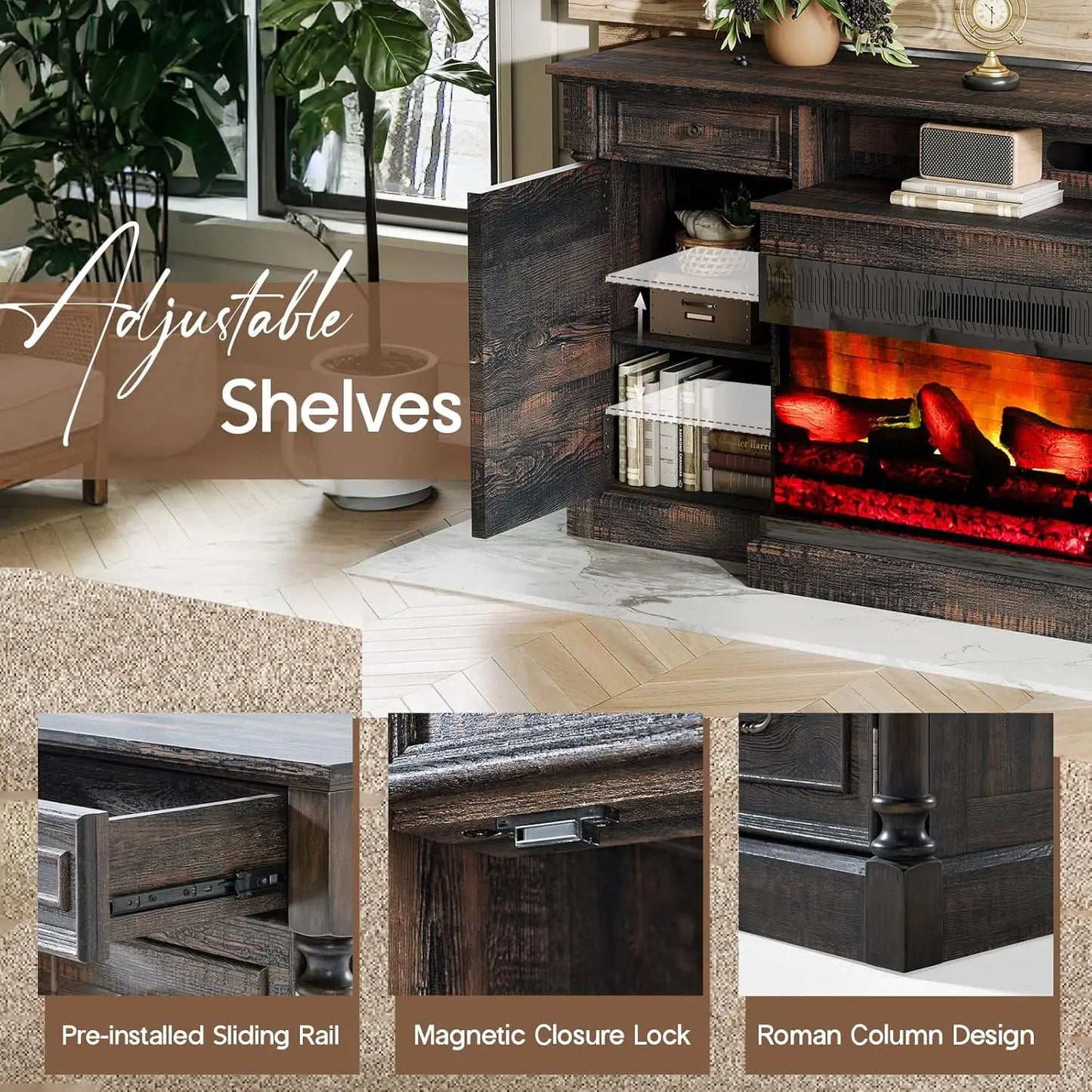 36 inch 3-Sided Glass Fireplace, 75 inch Large TV Console, Wood Entertainment Center for TVs up to 85 inch