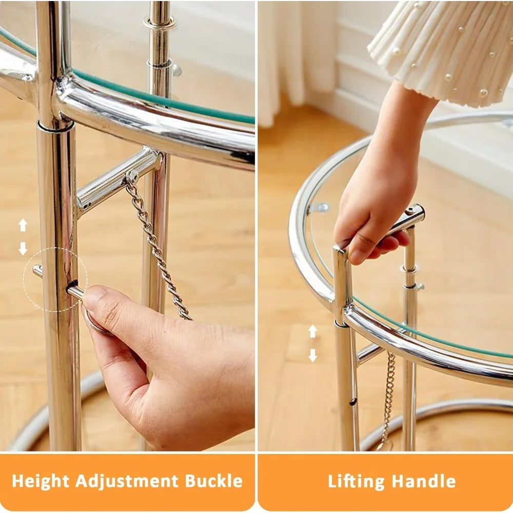 Glass End Table, Round Side Table with Handle, Height Adjustable C Shaped Sofa Table with Tempered Glass Top, Small Coffee Table