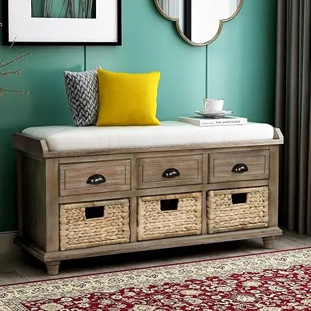 Rustic Storage Bench with 3 Drawers and 3 Rattan Baskets Rectangular Storage Ottoman Cabinet Foot Rest Stool Upholstered Solid