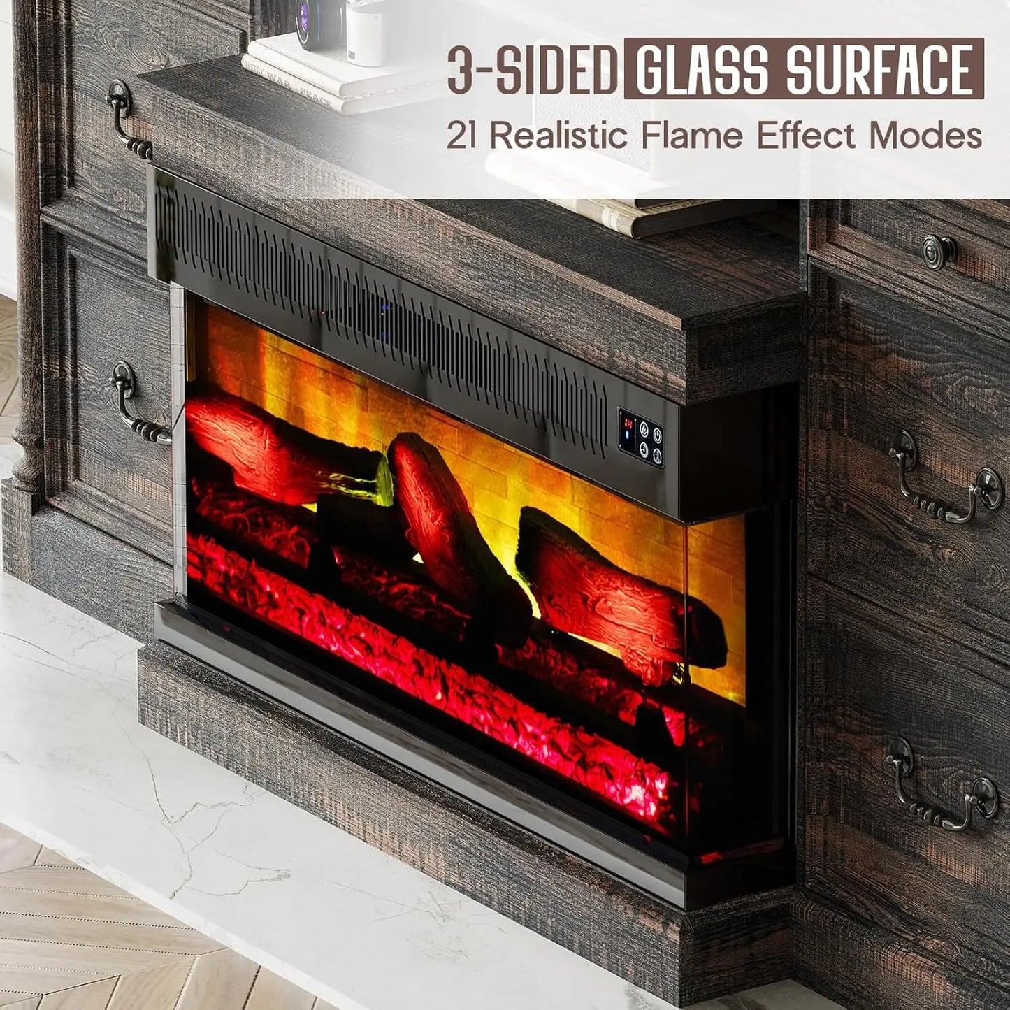 36 inch 3-Sided Glass Fireplace, 75 inch Large TV Console, Wood Entertainment Center for TVs up to 85 inch