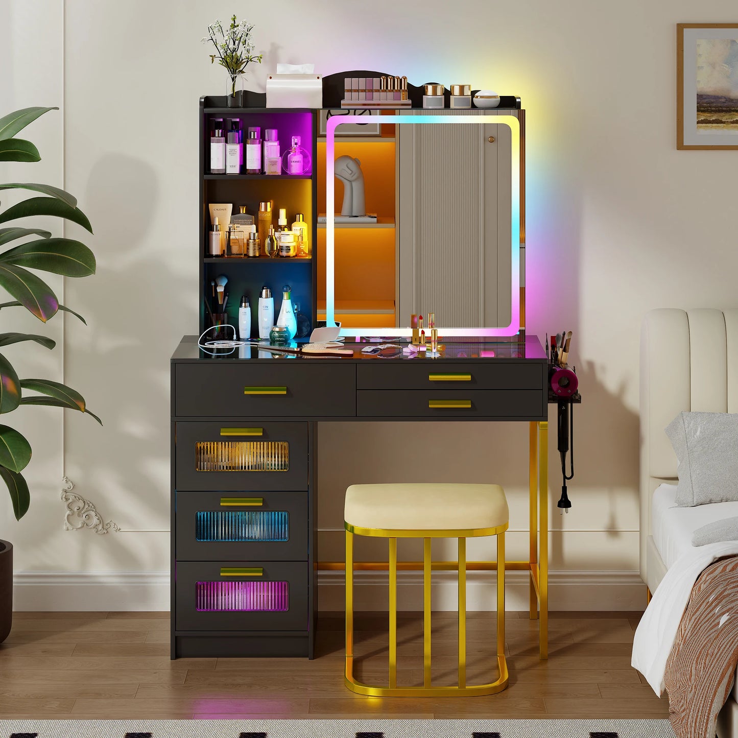 JDPAG RGB Vanity Desk with Sliding Mirror and Lights, LED Makeup Vanity with Charging Station, Glass Top Vanitys Dressing Table