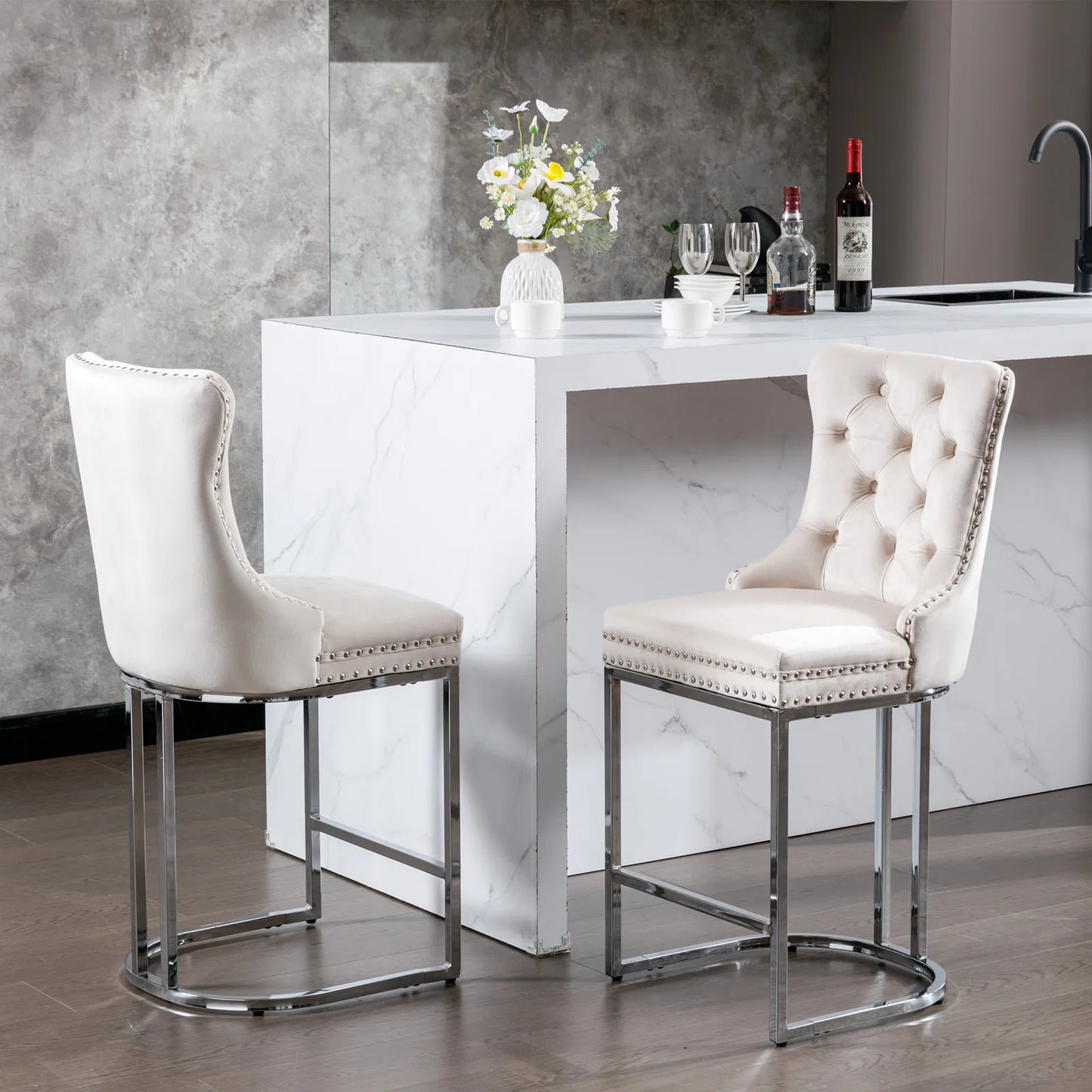2Pcs 26" Counter Height Dining Chairs Upholstered Soft Backrest Cushions Chairs Bar Stools For Living Room Kitchen Dining Room