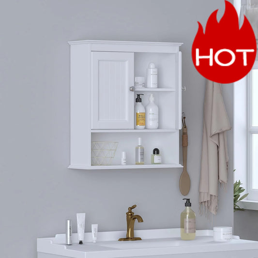 Bathroom Cabinet Wall Mounted with Doors, White Wood Shelves