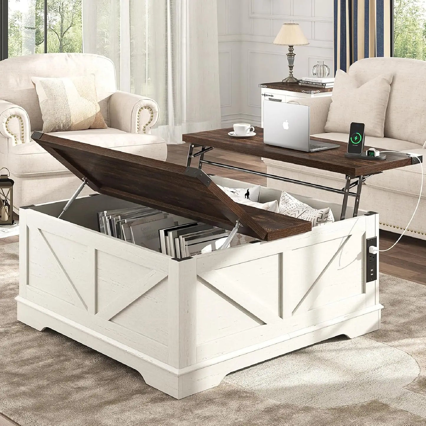 40” Large Farmhouse Lift Top Coffee Table with Power Outlets and Large Hidden Storage, Square Wood Living Room Tables, Multi-Fun