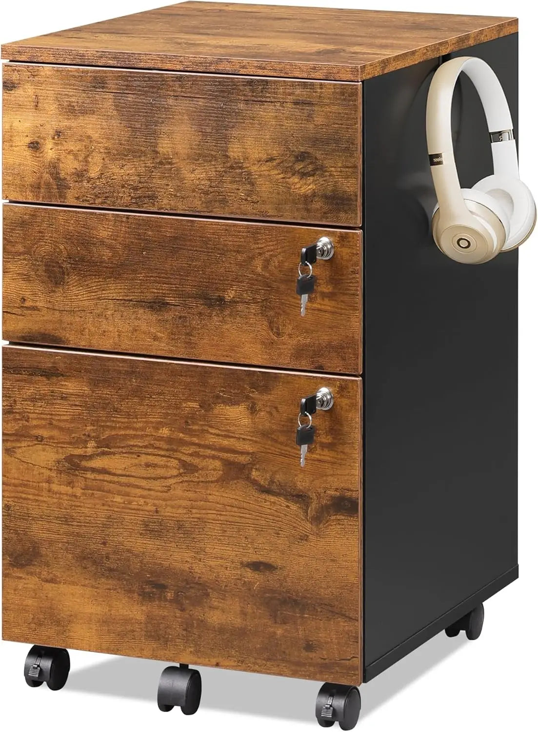 3 Drawer Rolling File Cabinet with Lock, Wood Under Desk Filing Cabinet fits Letter/Legal/A4 Size for Home Office, White